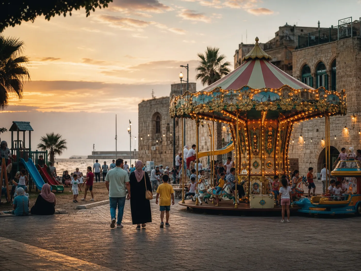 Family playing on a sunny Mediterranean waterfront promenade