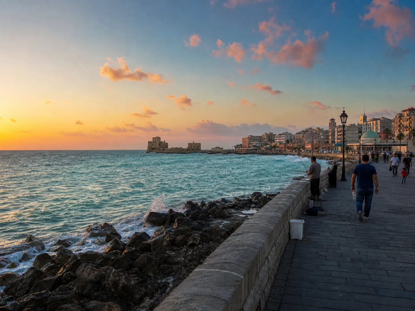 Saida beach and Sea Castle under a bright Mediterranean sky