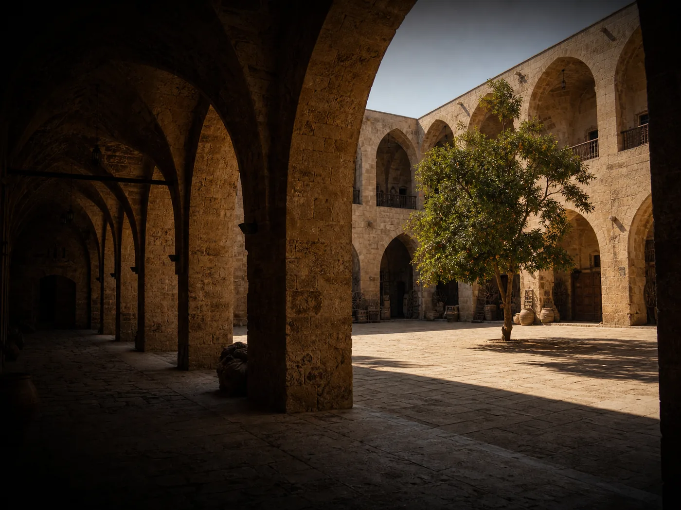 Sunlit stone arcade inside Khan El Franj