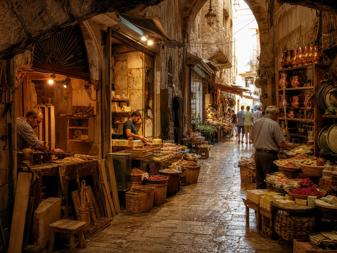 Colorful woven crafts and pottery displayed along a stone souk lane
