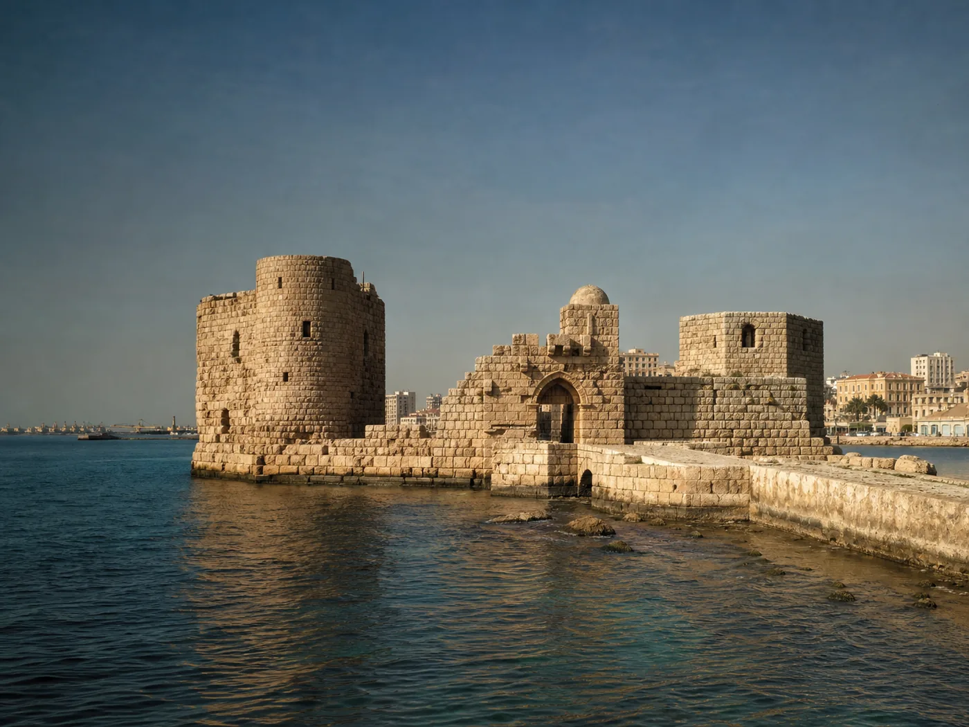 Visitors walking across Sidon Sea Castle above the harbor water