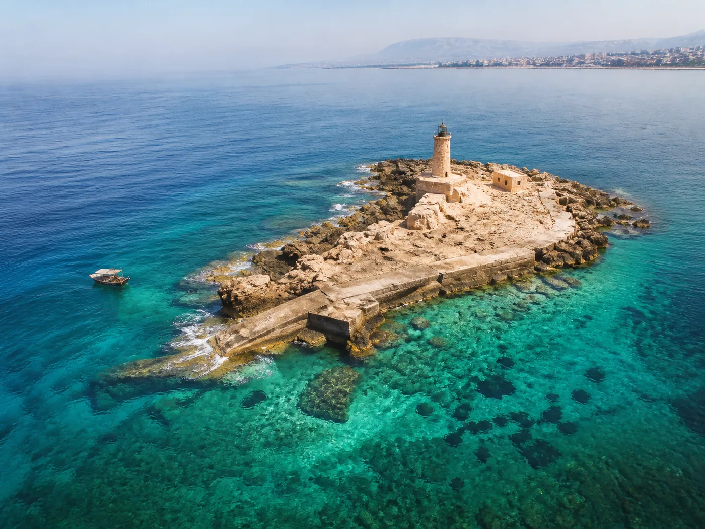 El Zireh island and lighthouse in turquoise Mediterranean water