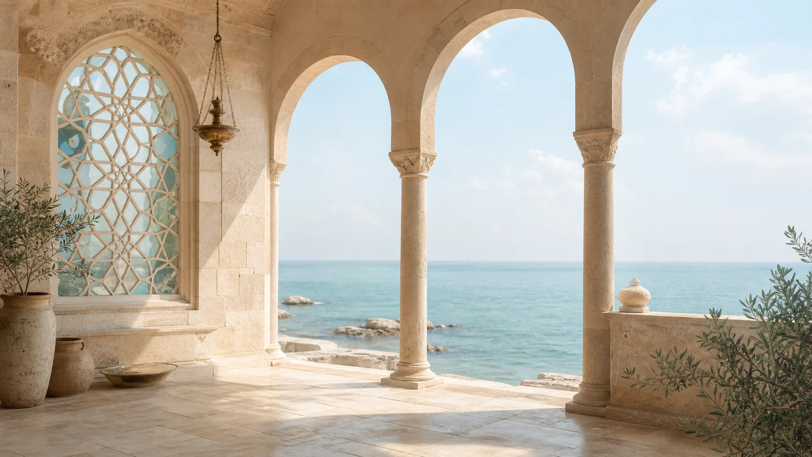 Sunlit Sidon limestone arcade overlooking the Mediterranean